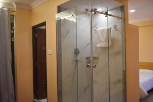 a shower with a glass door in a bedroom at Bibek B&B in Kathmandu +44 photos