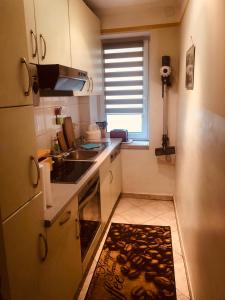 a small kitchen with a sink and a stove at Wohnung 40 Quadratmeter in Arnstein +12 photos