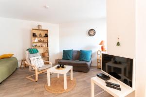 un salon avec un canapé et une télévision dans l'établissement Le Devoluy, appartement pour 6 avec balcon, à Saint-Étienne-en-Dévoluy