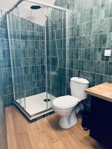 ein Badezimmer mit Toilette und Glasdusche in der Unterkunft Le Carcos in Rocroi