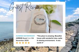 a flyer for a hotel with a flower in a towel at Sunrise Waterfront Retreat in Milford