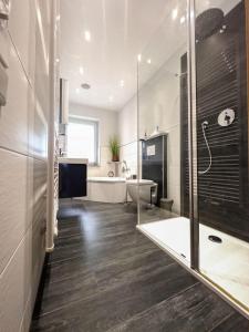 a bathroom with a shower and a sink at Ferienwohnung im Grießetal in Aerzen