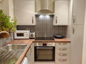 a kitchen with white cabinets and a sink and a microwave at Woodstock Studio in Woodstock