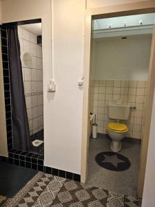 a bathroom with a toilet with a yellow seat at Urbanes Lebensgefühl in Basel in Basel