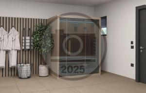 Cette chambre dispose d'une porte en verre et d'une fenêtre ronde. dans l'établissement Lovely Home In Nedescina With Sauna, à Nedeščina