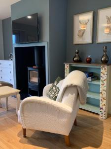 a living room with a chair and a tv at 3 Beechwood at Thoulstone Park in Westbury