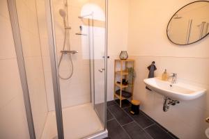 a bathroom with a shower and a sink at Little Altstadt-Studio am Bahnhof-Wlan-Parkplatz in Erfurt +12 photos