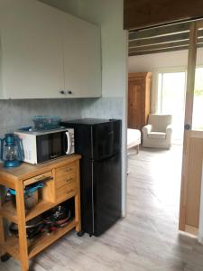 a kitchen with a black refrigerator and a microwave at Lau Anaiak in Bidart