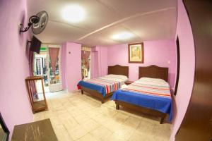 two beds in a room with pink walls at La Fuente Catedral in Puebla +19 photos