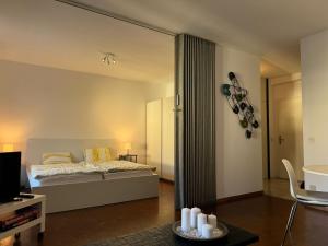 a bedroom with a bed and a large mirror at Locarno: Casa Lido in Locarno