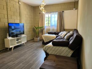 a living room with a couch and a flat screen tv at A solo 15min del aeropuerto EZEIZA in Ezeiza