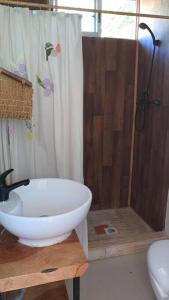 a bathroom with a white sink and a shower at Cabaña entre parras in Curacaví
