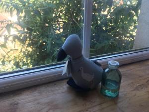 a toy penguin sitting on a window sill next to a bottle at Driftwood Loft in Killyleagh
