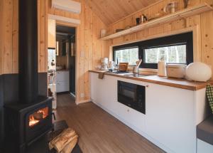 a kitchen with a stove in a tiny house at Ten Mały Domek in Ciwoniuki