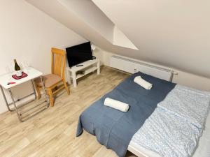 a bedroom with a bed and a desk and a television at Stay In Centre in Brno