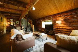 a living room with a couch and a tv in a log cabin at The Airstrip in Talkeetna