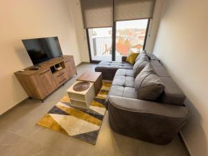 a living room with a couch and a flat screen tv at I&I Comfort Apartments in Kragujevac