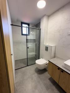 クラグイェヴァツにあるI&I Comfort Apartmentsのトイレとガラスのシャワー付きのバスルーム +33枚の写真