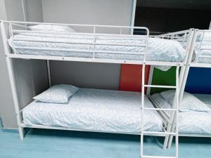 Łóżko lub łóżka piętrowe w pokoju w obiekcie Hostel Las Rosas