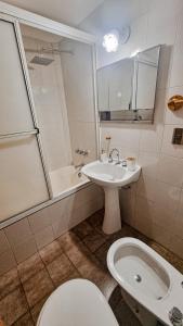 une salle de bain avec toilettes, lavabo et douche dans l'établissement Refugio acogedor con parking, à San Carlos de Bariloche 37 autres photos