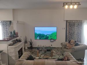 ein Wohnzimmer mit einem Flachbildfernseher an der Wand in der Unterkunft CIUDAD AUTONOMA DE BUENOS AIRES, HOSTAL , Habitacion en vivienda familiar in Buenos Aires