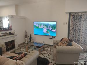 ein Wohnzimmer mit einem Teddybär auf einer Couch in der Unterkunft CIUDAD AUTONOMA DE BUENOS AIRES, HOSTAL , Habitacion en vivienda familiar in Buenos Aires