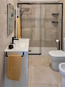 a bathroom with a shower and a sink and a toilet at Quinta do Mastim in Évora