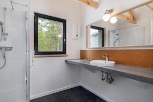 une salle de bain avec un lavabo, un miroir et une douche dans l'établissement Holiday Home by Lake Wise ka, Near Baltic Beach, à Wisełka 25 autres photos