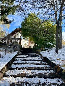 a set of stairs covered in snow in front of a house at La Villa del Barone in Predaia