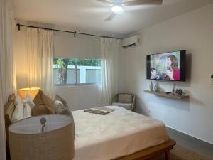 Μια τηλεόραση ή/και κέντρο ψυχαγωγίας στο Luxury 2 Bedroom Apartment, 1 Min Walk to Punta Popy Beach, Pool, AC, Fast WiFi, Las Terrenas