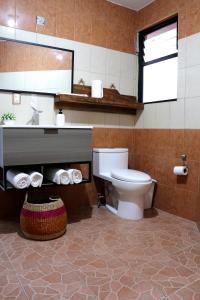 a bathroom with a toilet and a sink and a mirror at Departamento Bugambilia in Oaxaca City