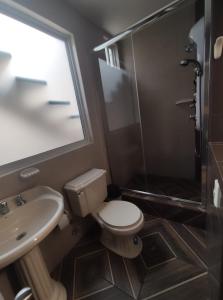 a bathroom with a toilet and a shower and a sink at Bonito Departamento en centro histórico cuenca in Cuenca