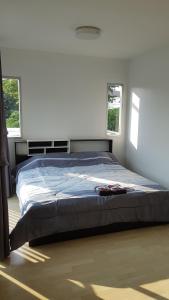a large bed in a bedroom with two windows at Nido house in Ban Bang Phang