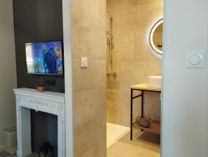 un bagno con camino e tv a parete di CoLiving des Moulins sur Crémieu 3étoiles - Proche de Lyon & Bugey a Crémieu