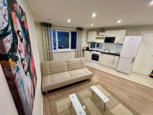 a living room with a couch and a kitchen at Central Location Apartment with Wide Bath in Tallinn