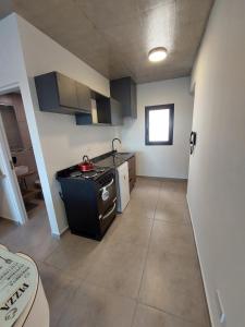 a small kitchen with a stove and a sink at Tigre-Estación Fluvial Monoambiente in Tigre