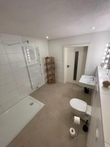 a bathroom with a toilet and a sink and a tub at Ferienwohnung Burgunderwiese in Bad Neuenahr-Ahrweiler +18 photos