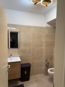 a bathroom with a sink and a toilet and a mirror at Garsonieră Park Residence Vâlcea in Râmnicu Vâlcea