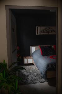 a bedroom with a bed and a black wall at Eden House, Cocon sensuel et romantique avec jacuzzi in Carpentras +12 photos