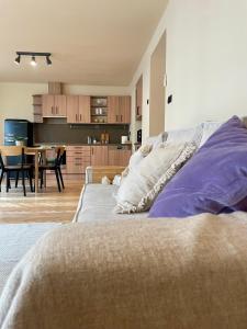 a living room with a couch and a kitchen at Amazing Apartment Wolkerova in Olomouc