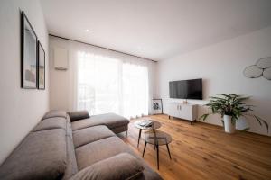 a living room with a couch and a flat screen tv at Apartment Caldara 4 in Pianizza di Sotto