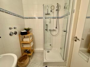 a bathroom with a shower and a sink at Schleiblick in Schleswig +20 photos