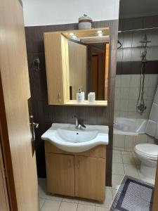 a bathroom with a sink and a toilet and a mirror at ELIA Guesthouse in Komotini