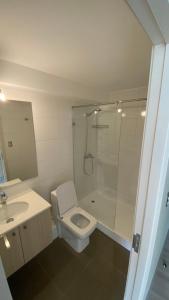 a bathroom with a shower and a toilet and a sink at Excelente Depto tipo Estudio in Viña del Mar +11 photos