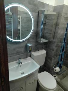 a bathroom with a toilet and a sink and a mirror at Lumière Lounge in Craiova