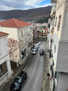 a city street with cars parked on the road at Sweet Home Mitropoleos in Kastoria