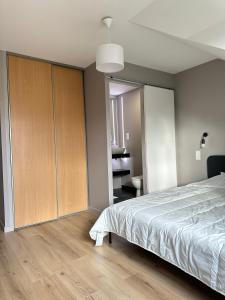 ein Schlafzimmer mit einem Bett und einem großen Schrank in der Unterkunft Chambre privée "Graine de Coton" - Cuisine partagée in Amiens