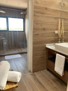 a bathroom with a sink and a shower at Casa Luoni Hotel Boutique & Aparts in San Luis