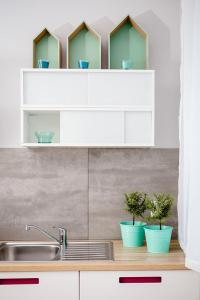 a kitchen with a sink and two potted plants at Apartamenty Rodzinne Plater74 in Darłowo
