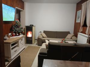 a living room with a christmas tree and a couch at Holiday Home Stevas in Žabljak